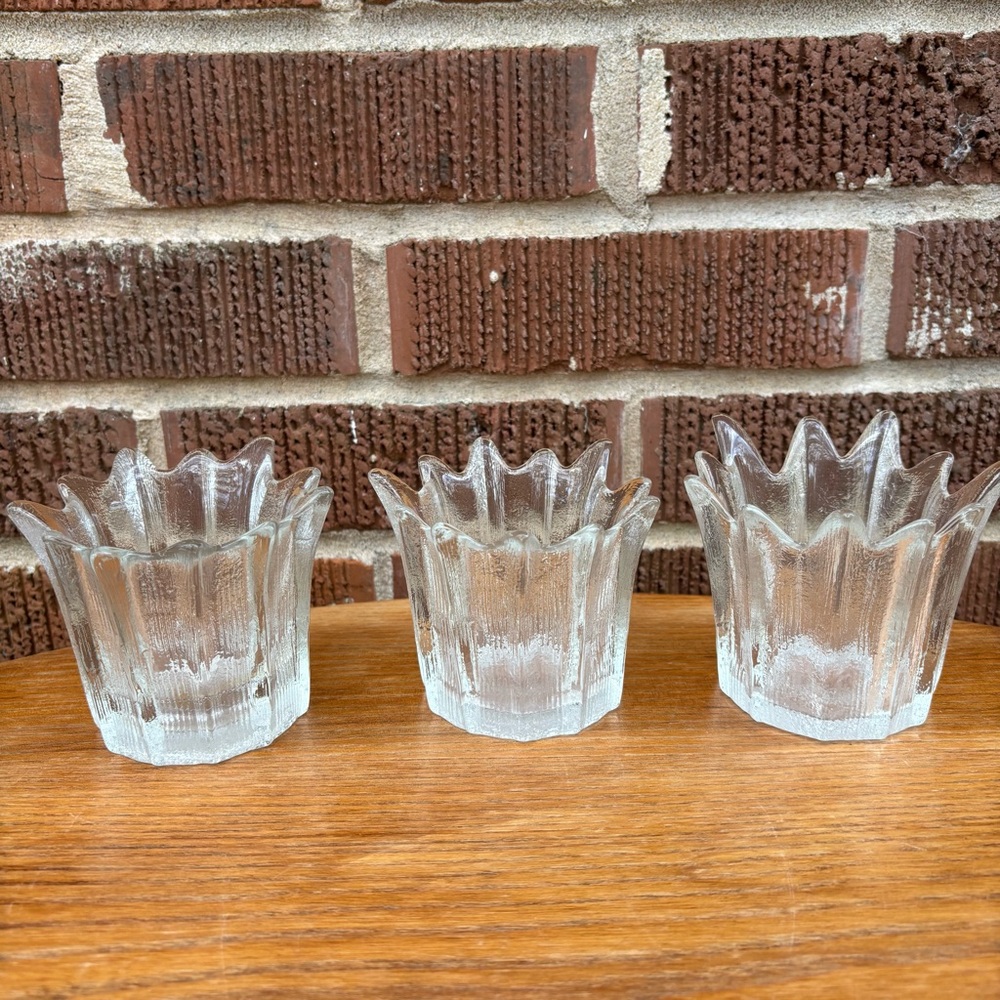 Scandinavian Glass Tea Light Holders Clear Ice Textured Flared Fused Vtg 3 pc